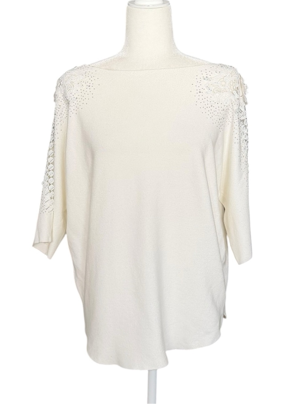 Luna Boatneck 3/4 Sleeves Rhinestones Embellished Floral White Knit Top